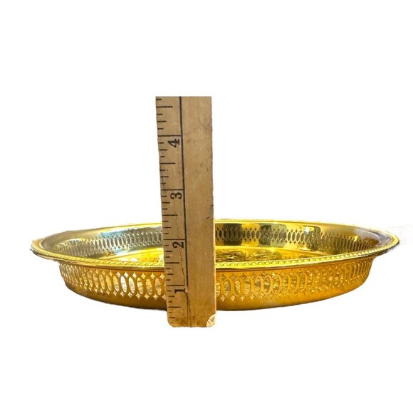Vintage Ornate Gold-Plated Brass Round Tray 13" Serving Platter W Filigree Sides - Picture 6 of 8